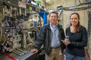 Bin Chen and Katie Lutker at ALS Beamline 12.2.2 were part of a multi-institutional team that determined the tiny size of nanocrystals is no safeguard from defects. (Photo by Roy Kaltschmidt)